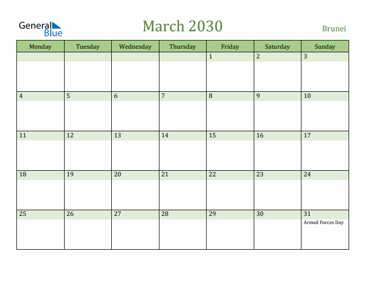 March 2030 Calendar with Brunei Holidays