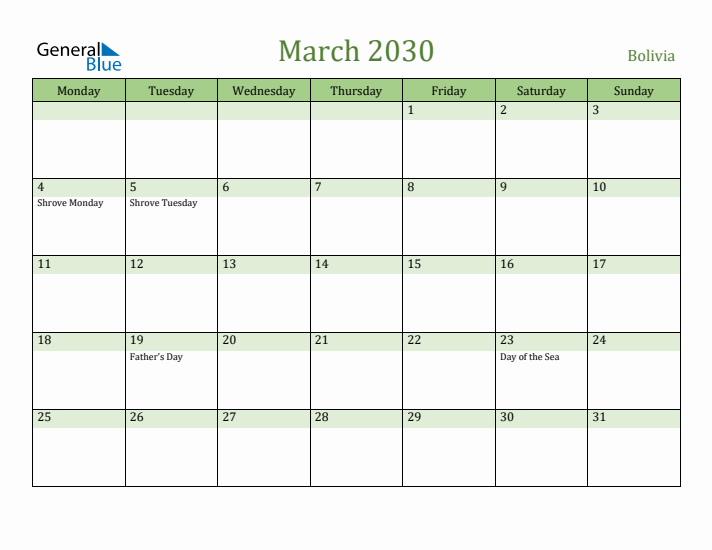 March 2030 Calendar with Bolivia Holidays