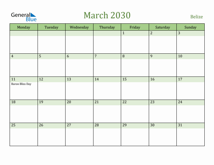 March 2030 Calendar with Belize Holidays