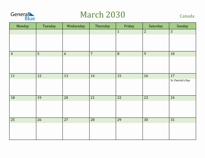 March 2030 Calendar with Canada Holidays