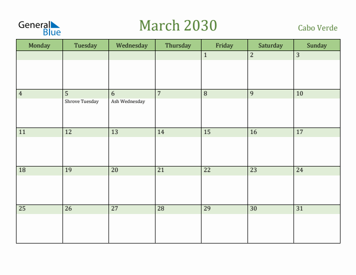 March 2030 Calendar with Cabo Verde Holidays