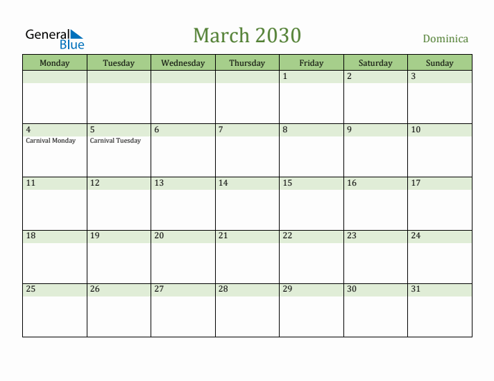 March 2030 Calendar with Dominica Holidays