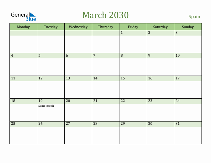 March 2030 Calendar with Spain Holidays