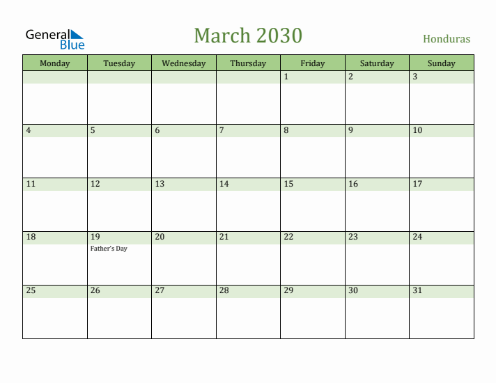 March 2030 Calendar with Honduras Holidays