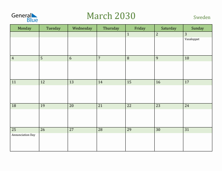 March 2030 Calendar with Sweden Holidays