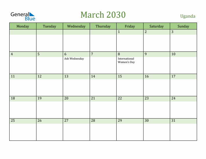 March 2030 Calendar with Uganda Holidays