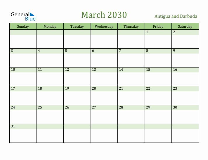 March 2030 Calendar with Antigua and Barbuda Holidays