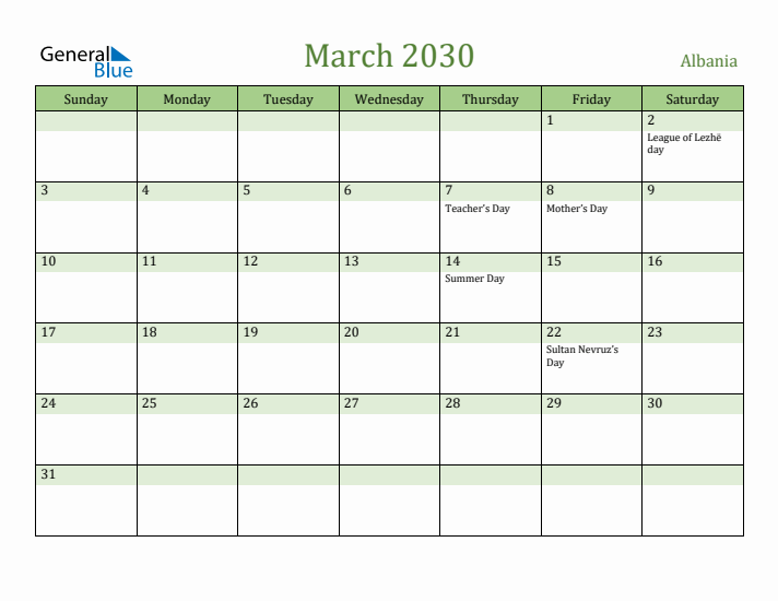 March 2030 Calendar with Albania Holidays