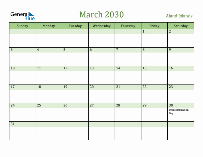 March 2030 Calendar with Aland Islands Holidays