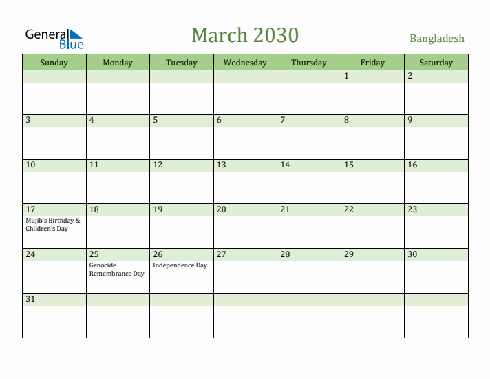 March 2030 Calendar with Bangladesh Holidays