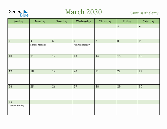 March 2030 Calendar with Saint Barthelemy Holidays