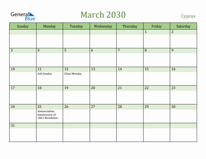 March 2030 Calendar with Cyprus Holidays