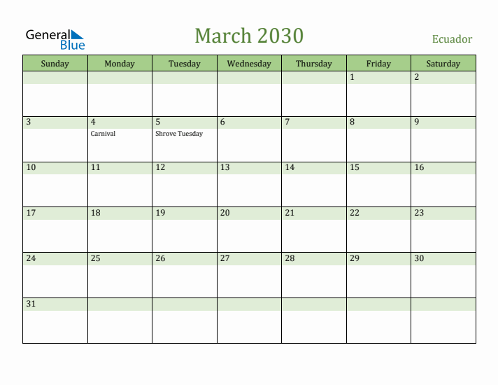 March 2030 Calendar with Ecuador Holidays