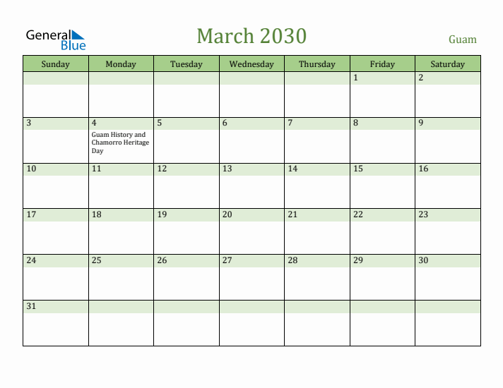 March 2030 Calendar with Guam Holidays