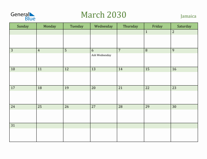 March 2030 Calendar with Jamaica Holidays