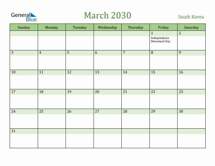 March 2030 Calendar with South Korea Holidays