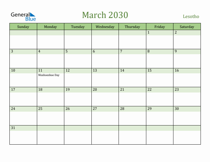 March 2030 Calendar with Lesotho Holidays