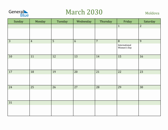 March 2030 Calendar with Moldova Holidays