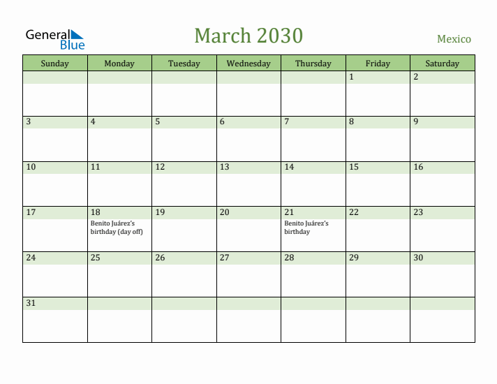 March 2030 Calendar with Mexico Holidays