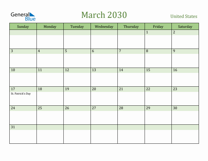 March 2030 Calendar with United States Holidays