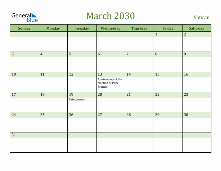 March 2030 Calendar with Vatican Holidays