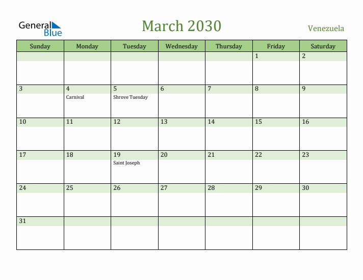 March 2030 Calendar with Venezuela Holidays