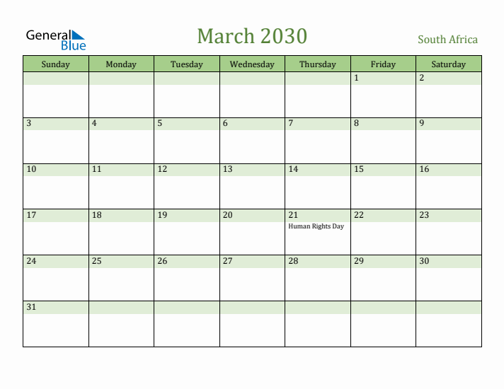 March 2030 Calendar with South Africa Holidays