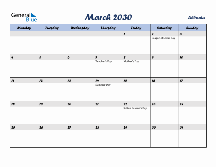 March 2030 Calendar with Holidays in Albania