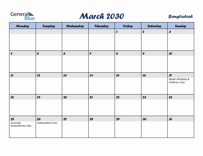 March 2030 Calendar with Holidays in Bangladesh