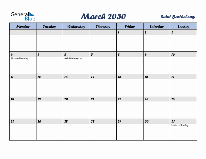 March 2030 Calendar with Holidays in Saint Barthelemy