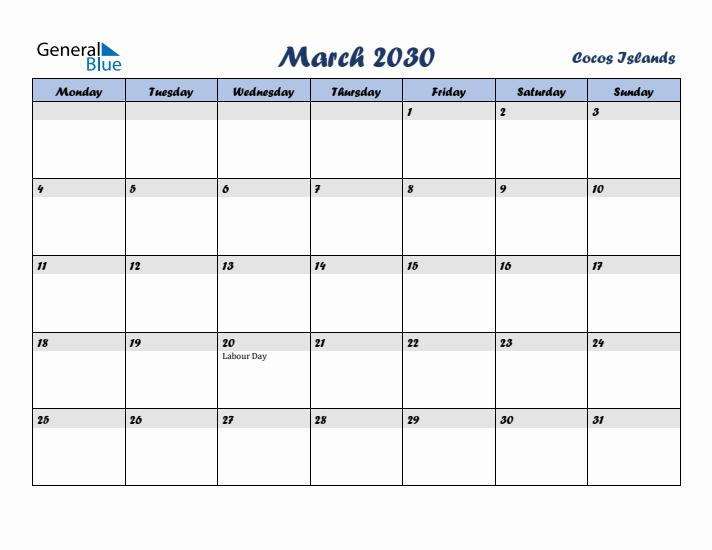 March 2030 Calendar with Holidays in Cocos Islands