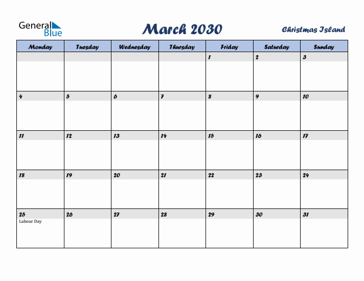 March 2030 Calendar with Holidays in Christmas Island