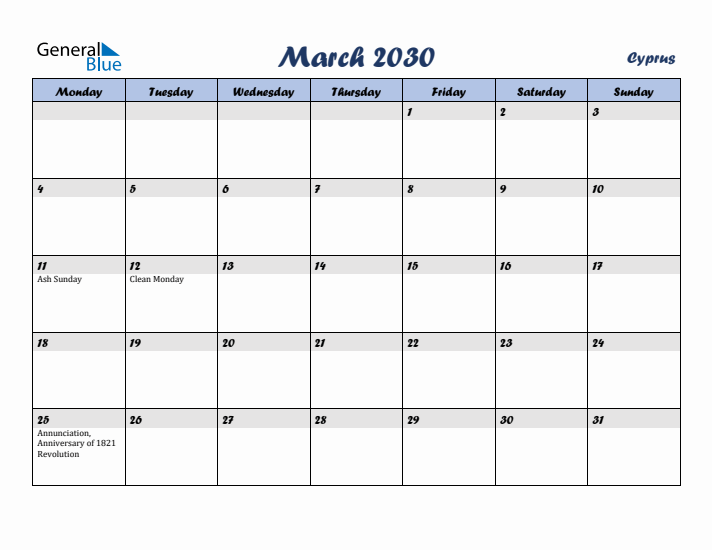 March 2030 Calendar with Holidays in Cyprus