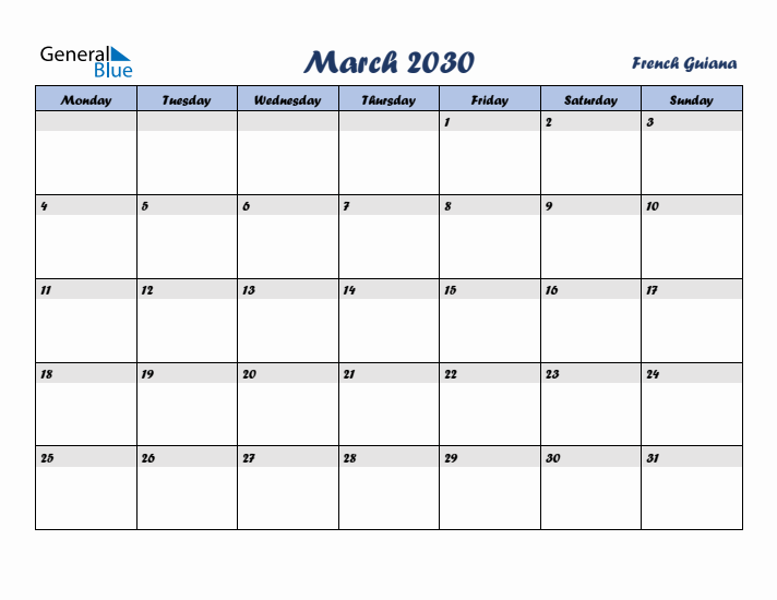 March 2030 Calendar with Holidays in French Guiana