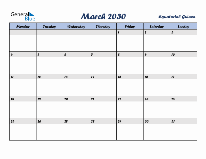 March 2030 Calendar with Holidays in Equatorial Guinea