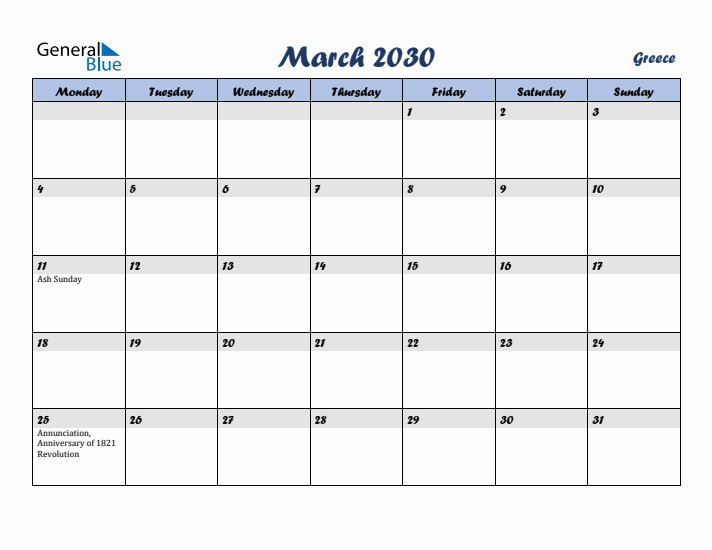 March 2030 Calendar with Holidays in Greece