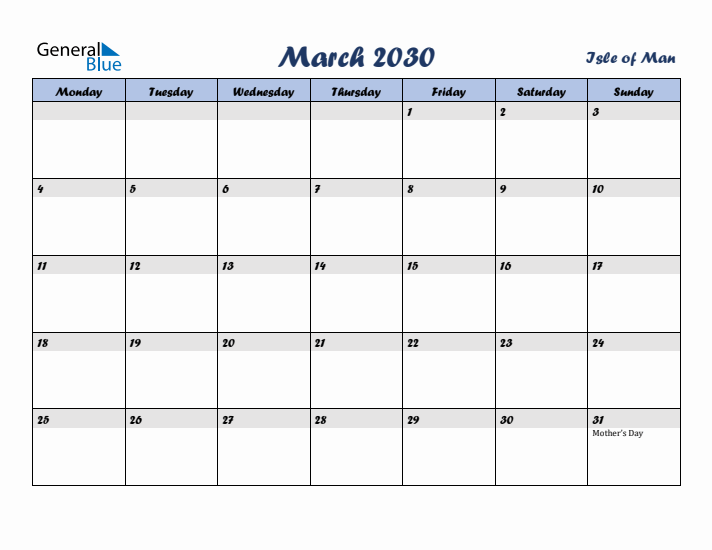 March 2030 Calendar with Holidays in Isle of Man