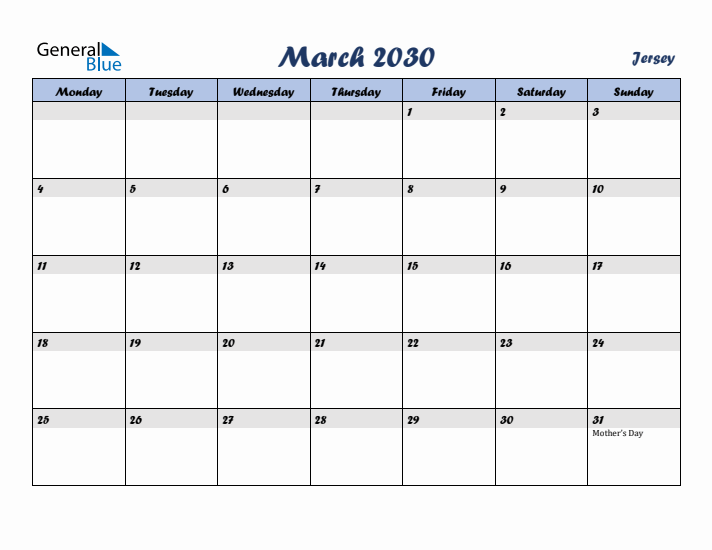 March 2030 Calendar with Holidays in Jersey