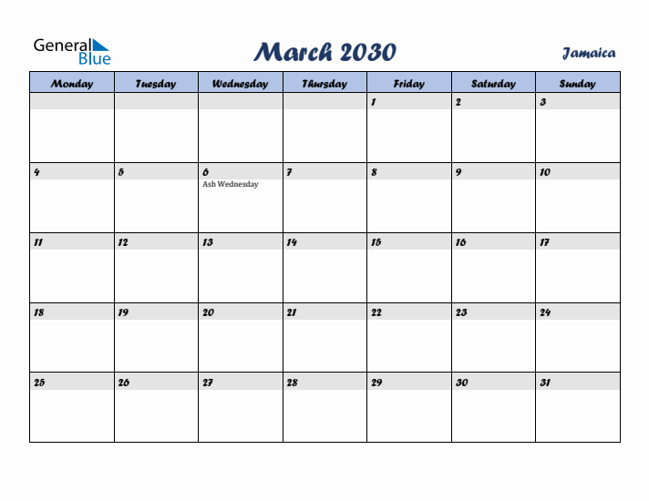 March 2030 Calendar with Holidays in Jamaica