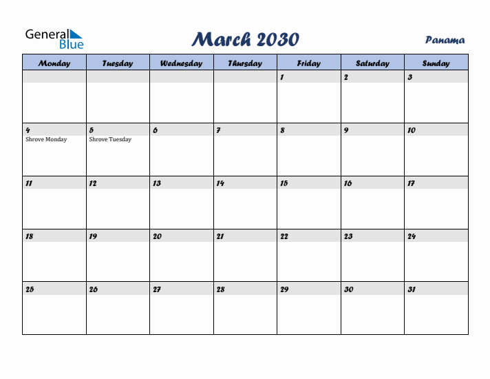 March 2030 Calendar with Holidays in Panama