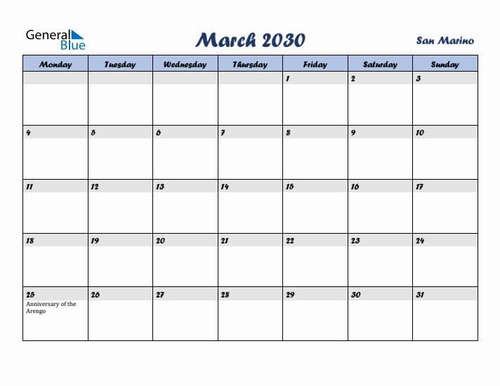 March 2030 Calendar with Holidays in San Marino