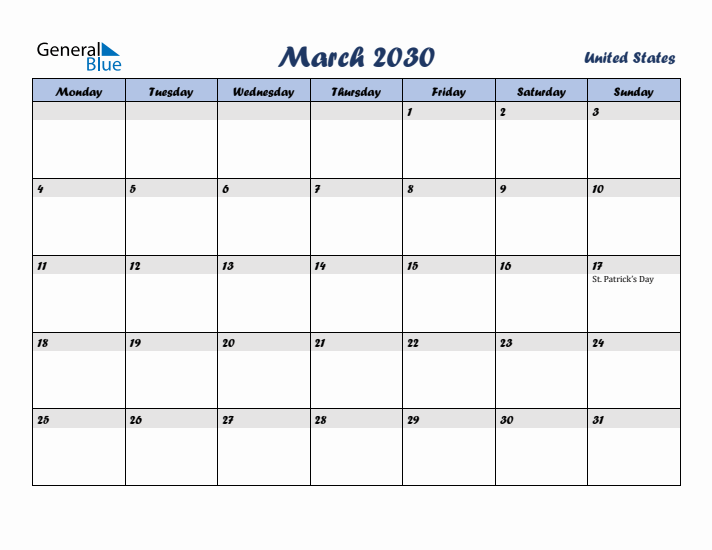 March 2030 Calendar with Holidays in United States