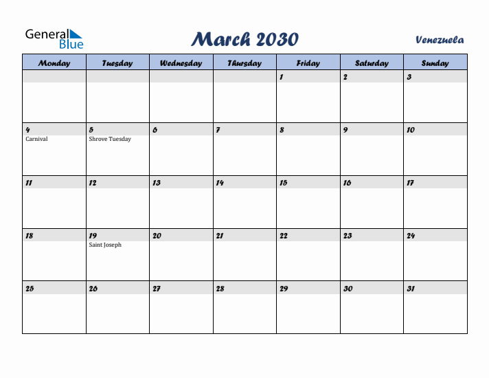 March 2030 Calendar with Holidays in Venezuela