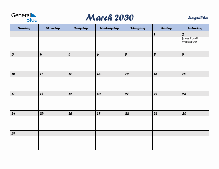 March 2030 Calendar with Holidays in Anguilla