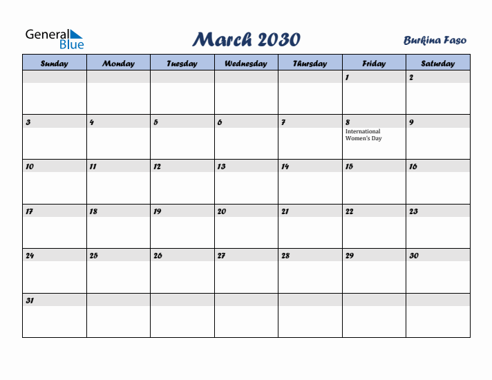 March 2030 Calendar with Holidays in Burkina Faso