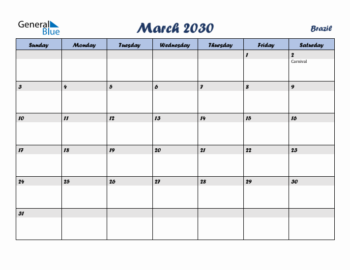 March 2030 Calendar with Holidays in Brazil