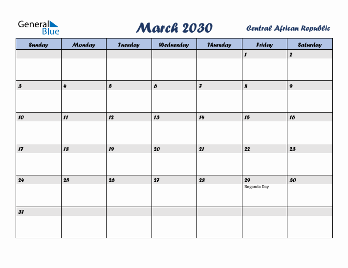 March 2030 Calendar with Holidays in Central African Republic