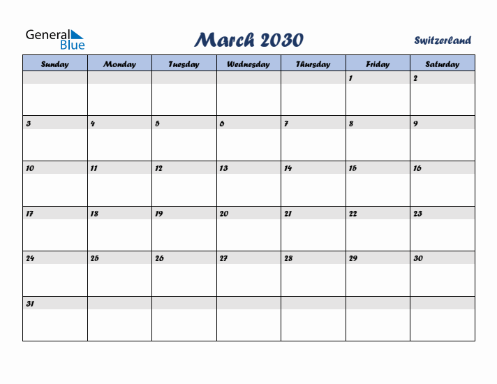 March 2030 Calendar with Holidays in Switzerland