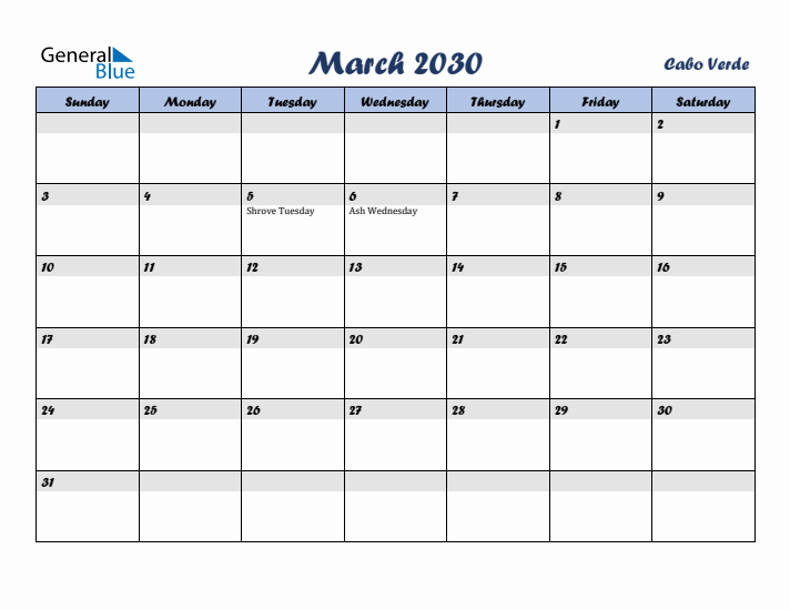 March 2030 Calendar with Holidays in Cabo Verde