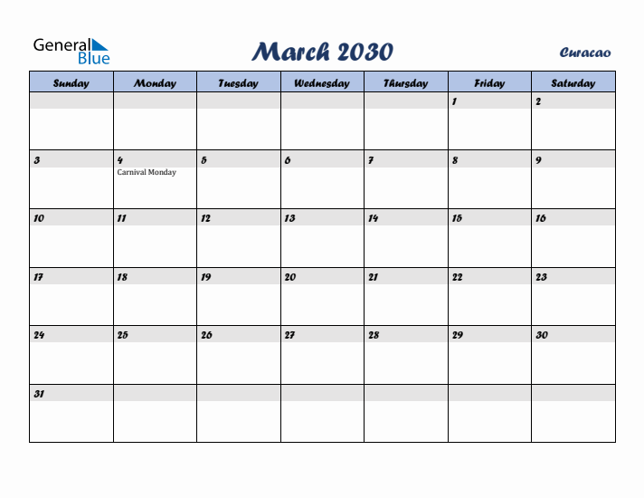 March 2030 Calendar with Holidays in Curacao